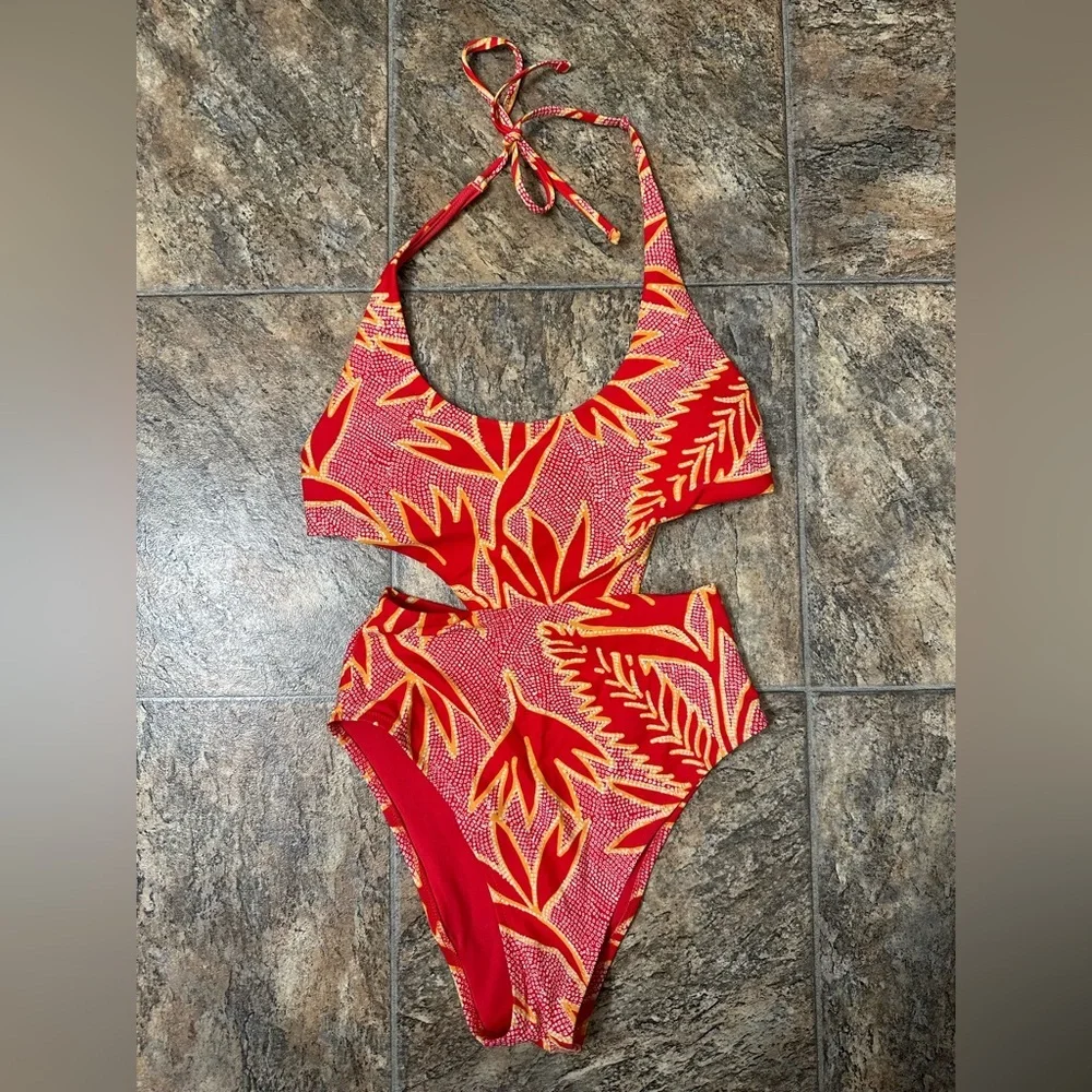 Aerie Red Coral Floral Monokini One Piece Swimsuit XS